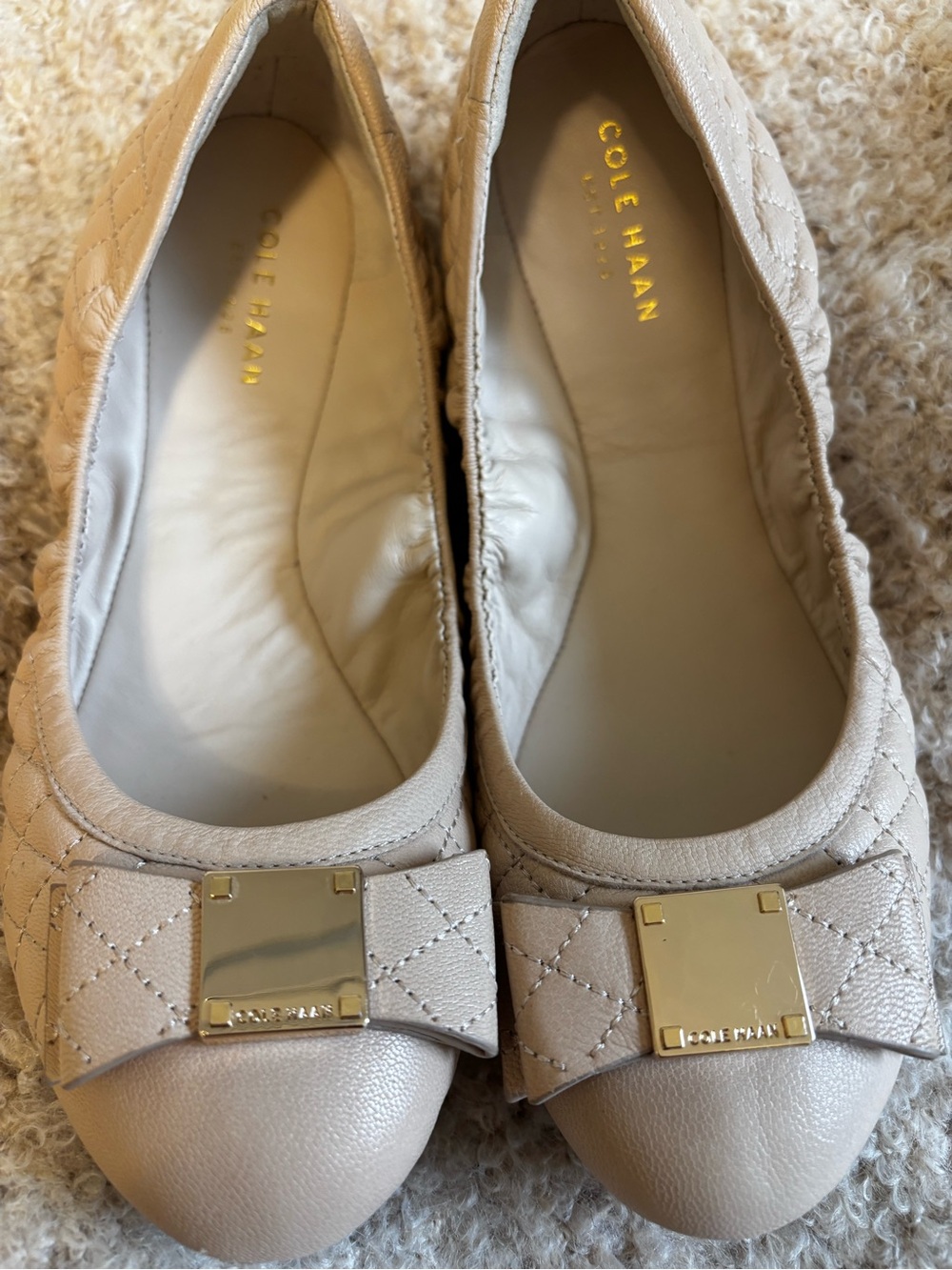 Cole Haan Quilted Bow Ballet Flats in Light Beige with Gold Accent- 7.5B